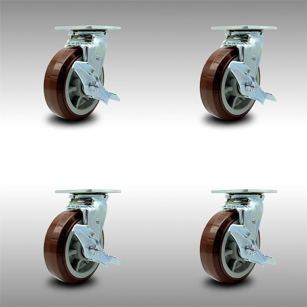 6 Inch SS Polyurethane Swivel Caster Set with Ball Bearings and Brakes SCC